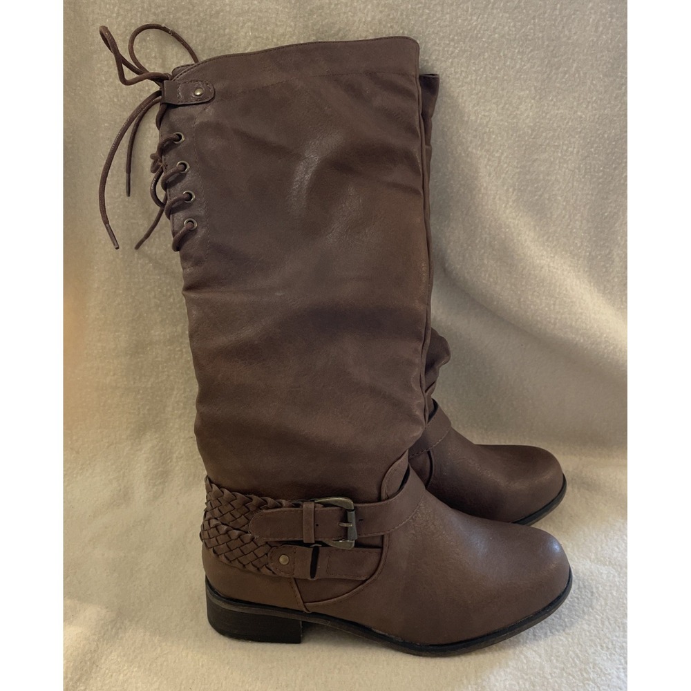 XOXO Women's Size 6 Maelynn Brown Faux Leather Boots Buckle Braided Lace Up Zip